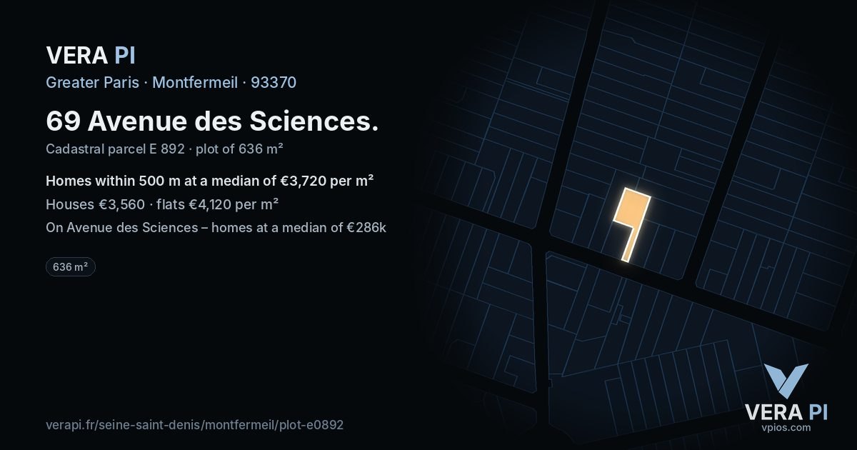 69 Avenue des Sciences, Montfermeil at night – the plot lit, the parcels around coloured by the prices near them