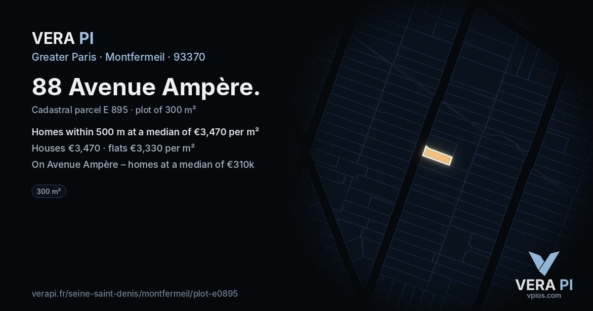 88 Avenue Ampère, Montfermeil at night – the plot lit, the parcels around coloured by the prices near them