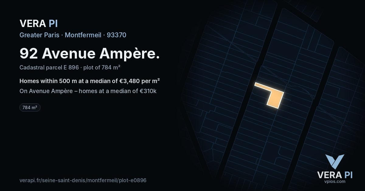 92 Avenue Ampère, Montfermeil at night – the plot lit, the parcels around coloured by the prices near them