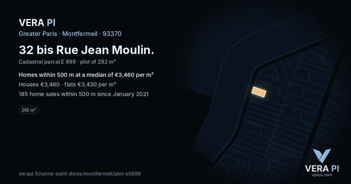32 bis Rue Jean Moulin, Montfermeil at night – the plot lit, the parcels around coloured by the prices near them