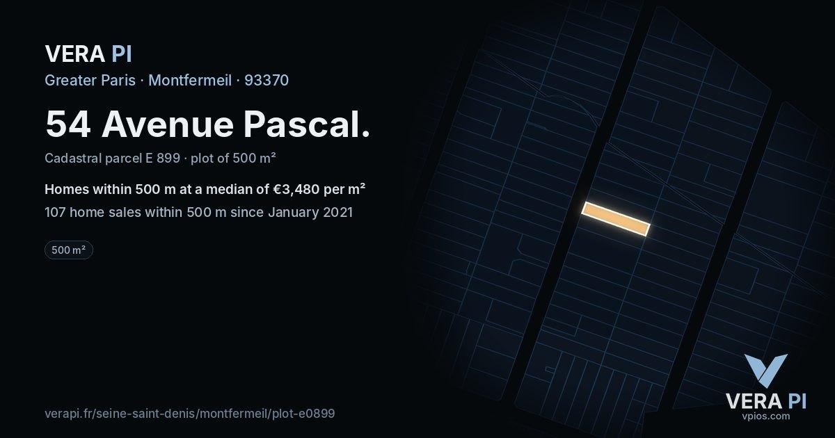 54 Avenue Pascal, Montfermeil at night – the plot lit, the parcels around coloured by the prices near them