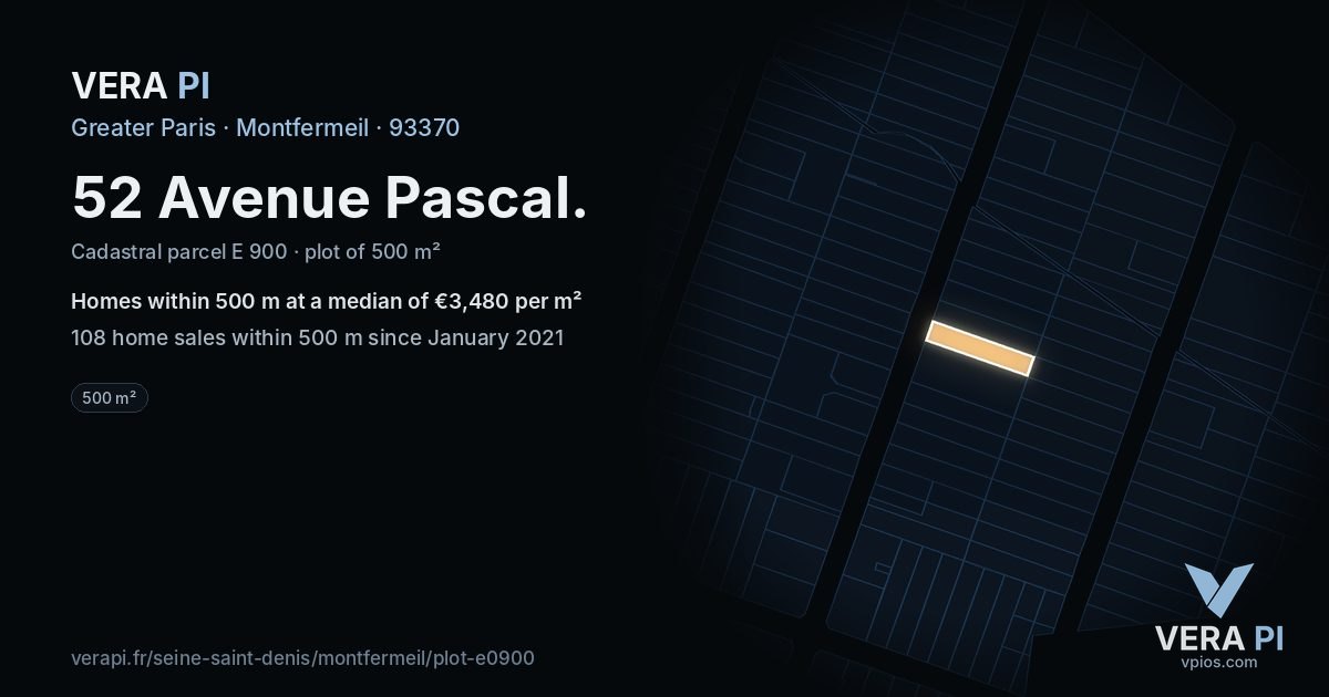 52 Avenue Pascal, Montfermeil at night – the plot lit, the parcels around coloured by the prices near them