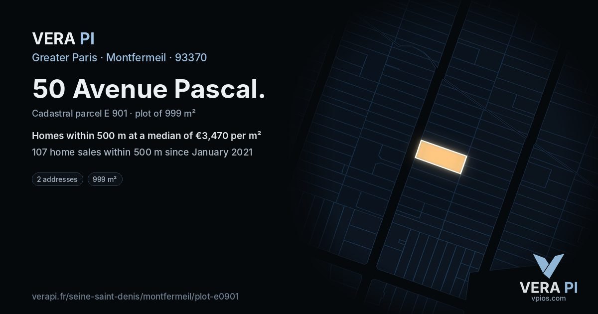 50 Avenue Pascal, Montfermeil at night – the plot lit, the parcels around coloured by the prices near them