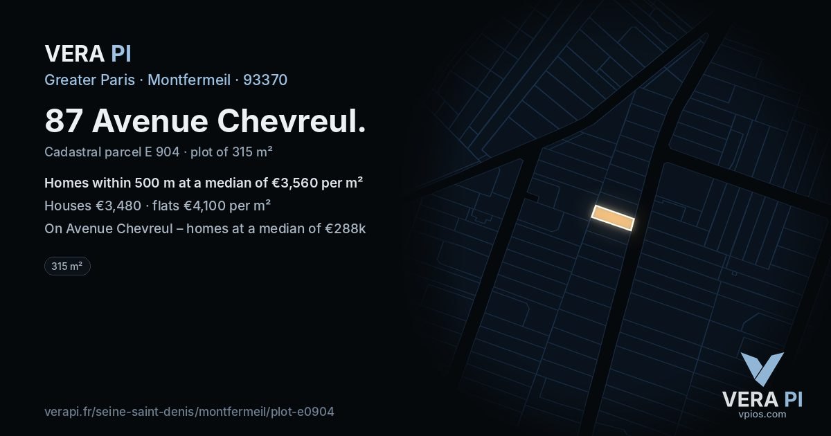 87 Avenue Chevreul, Montfermeil at night – the plot lit, the parcels around coloured by the prices near them