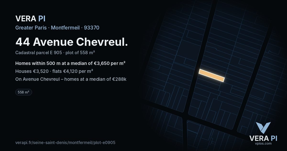 44 Avenue Chevreul, Montfermeil at night – the plot lit, the parcels around coloured by the prices near them