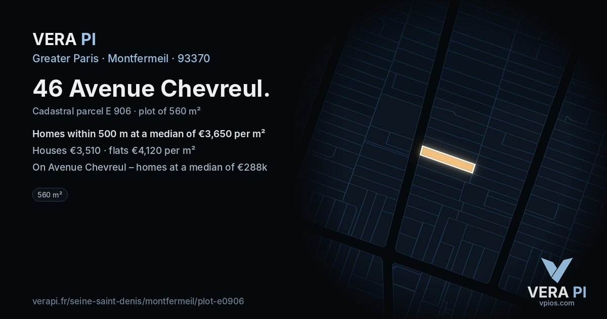 46 Avenue Chevreul, Montfermeil at night – the plot lit, the parcels around coloured by the prices near them
