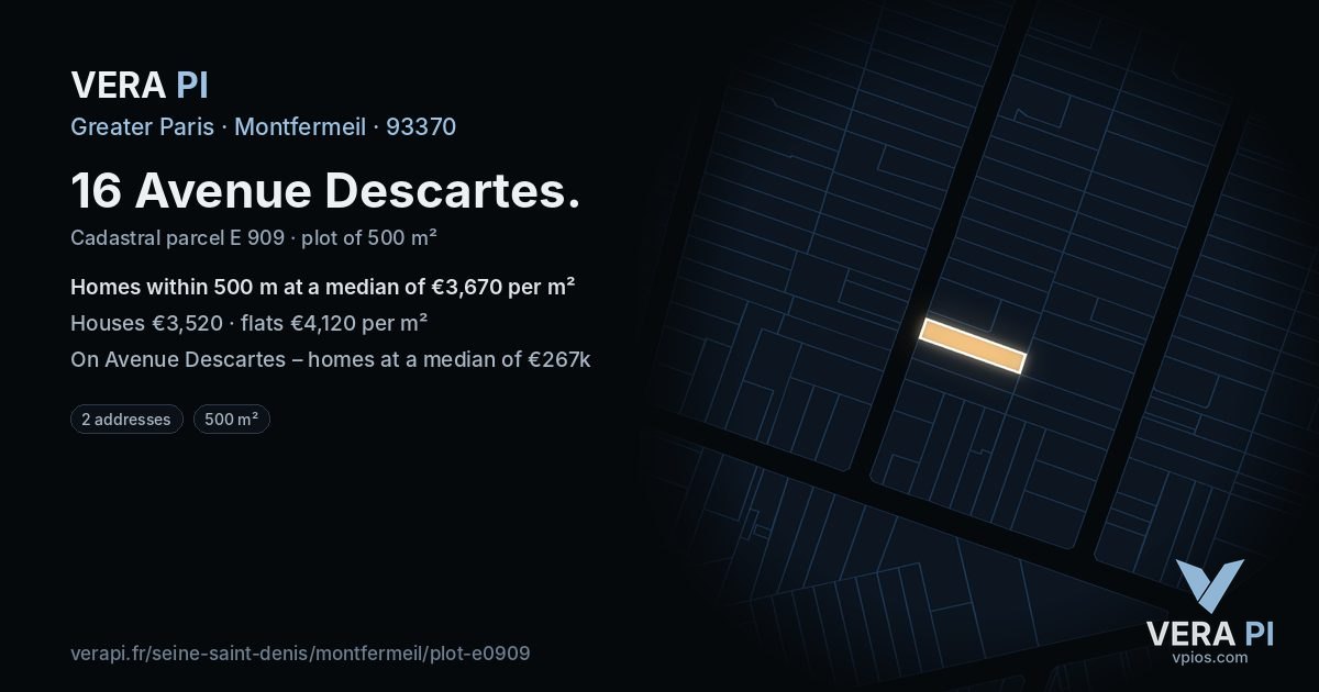 16 Avenue Descartes, Montfermeil at night – the plot lit, the parcels around coloured by the prices near them