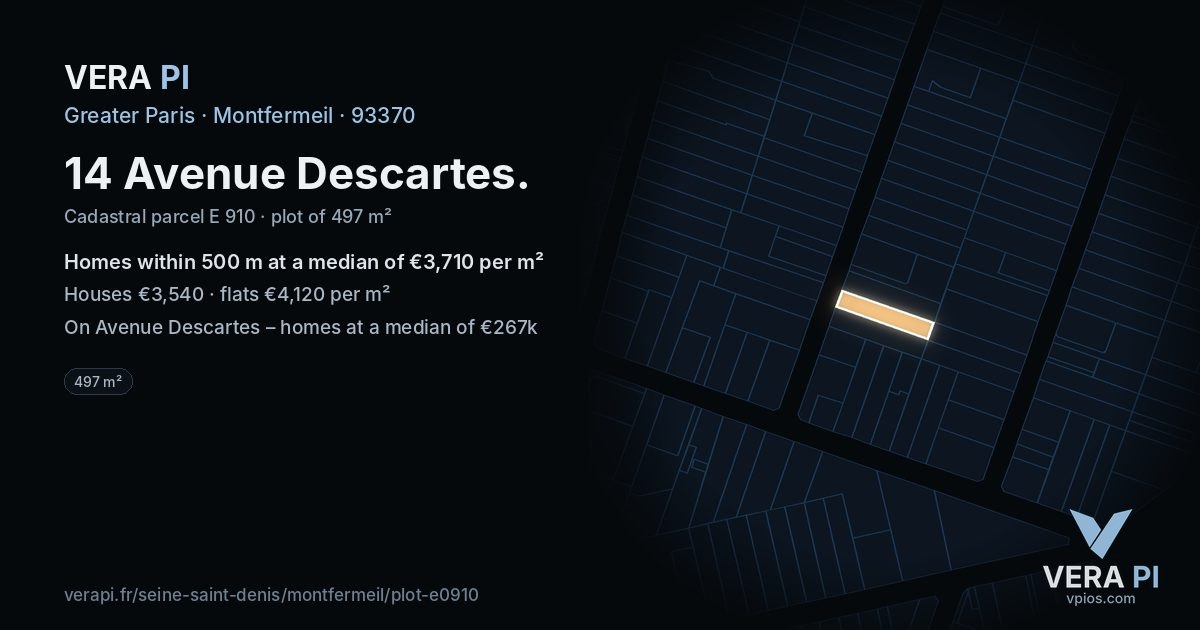 14 Avenue Descartes, Montfermeil at night – the plot lit, the parcels around coloured by the prices near them
