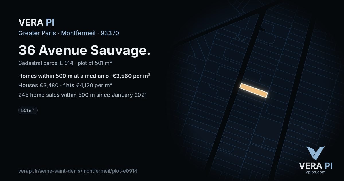 36 Avenue Sauvage, Montfermeil at night – the plot lit, the parcels around coloured by the prices near them