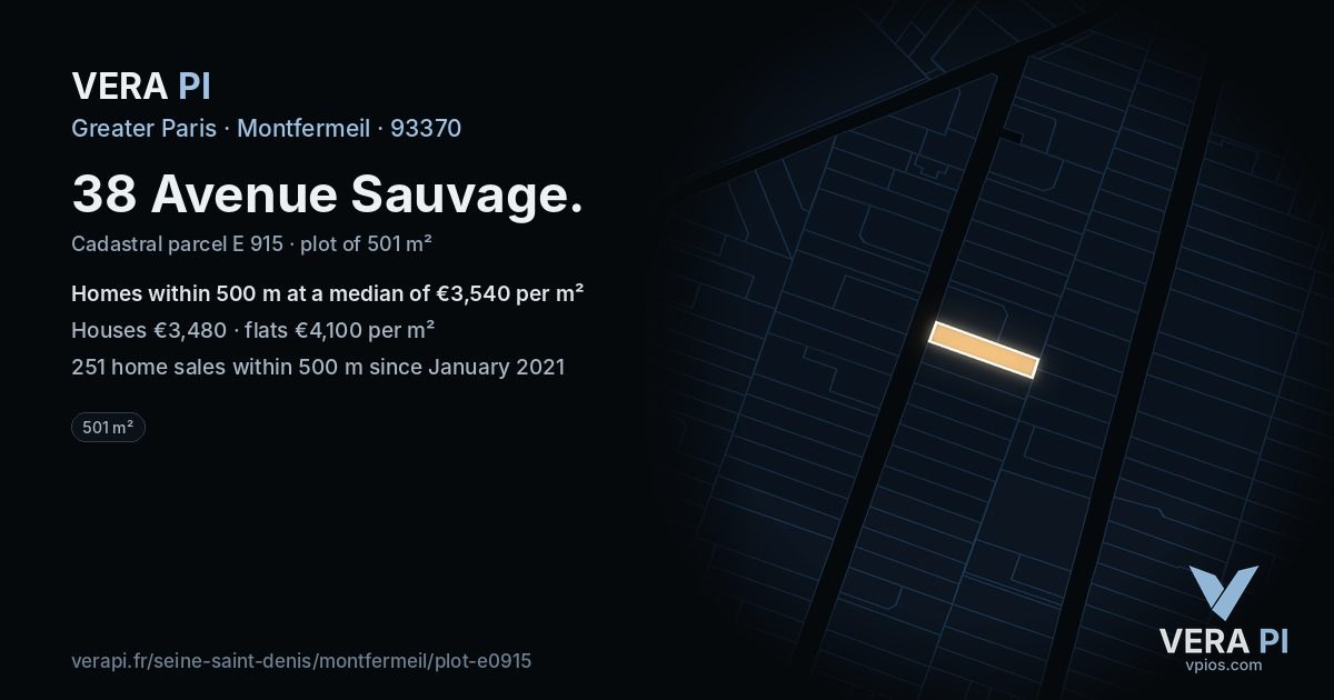 38 Avenue Sauvage, Montfermeil at night – the plot lit, the parcels around coloured by the prices near them