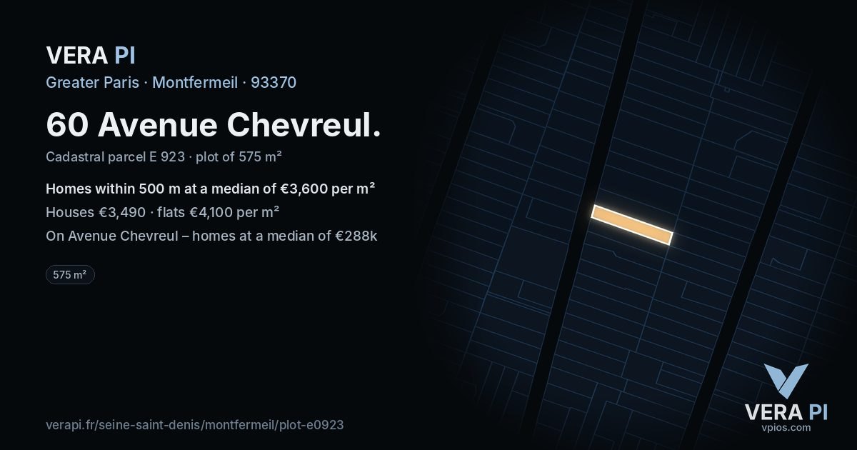 60 Avenue Chevreul, Montfermeil at night – the plot lit, the parcels around coloured by the prices near them