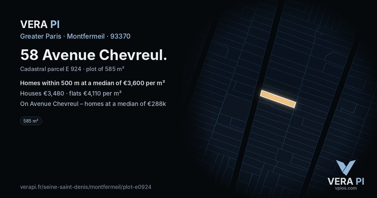 58 Avenue Chevreul, Montfermeil at night – the plot lit, the parcels around coloured by the prices near them