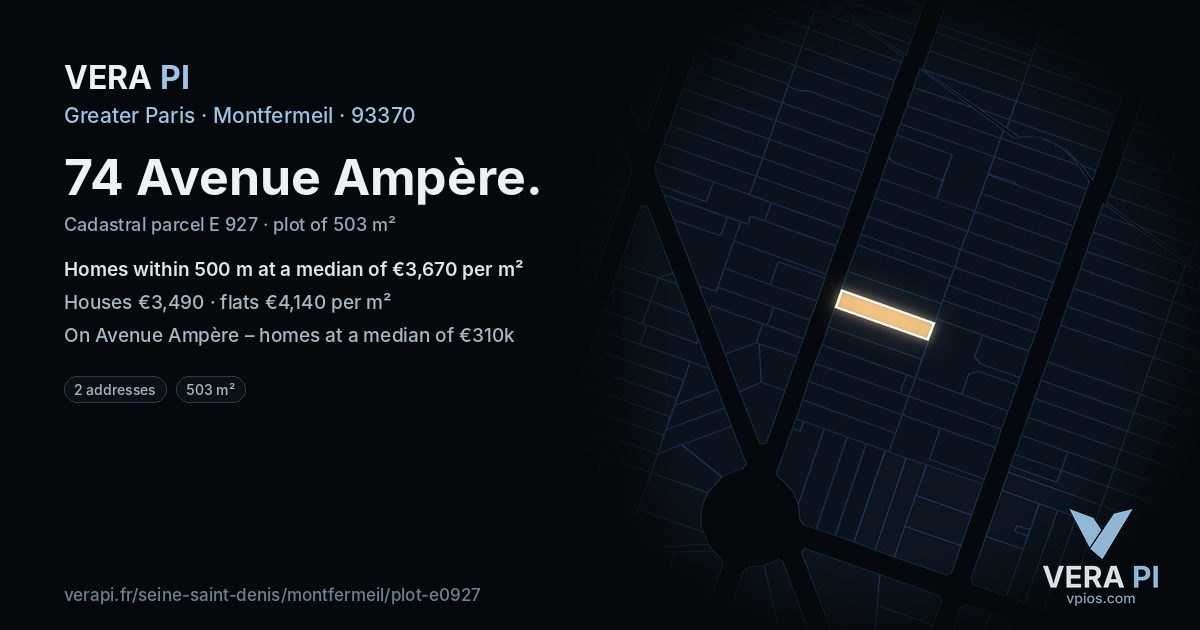 74 Avenue Ampère, Montfermeil at night – the plot lit, the parcels around coloured by the prices near them