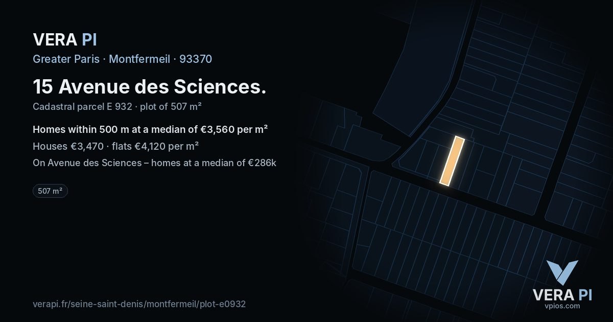 15 Avenue des Sciences, Montfermeil at night – the plot lit, the parcels around coloured by the prices near them