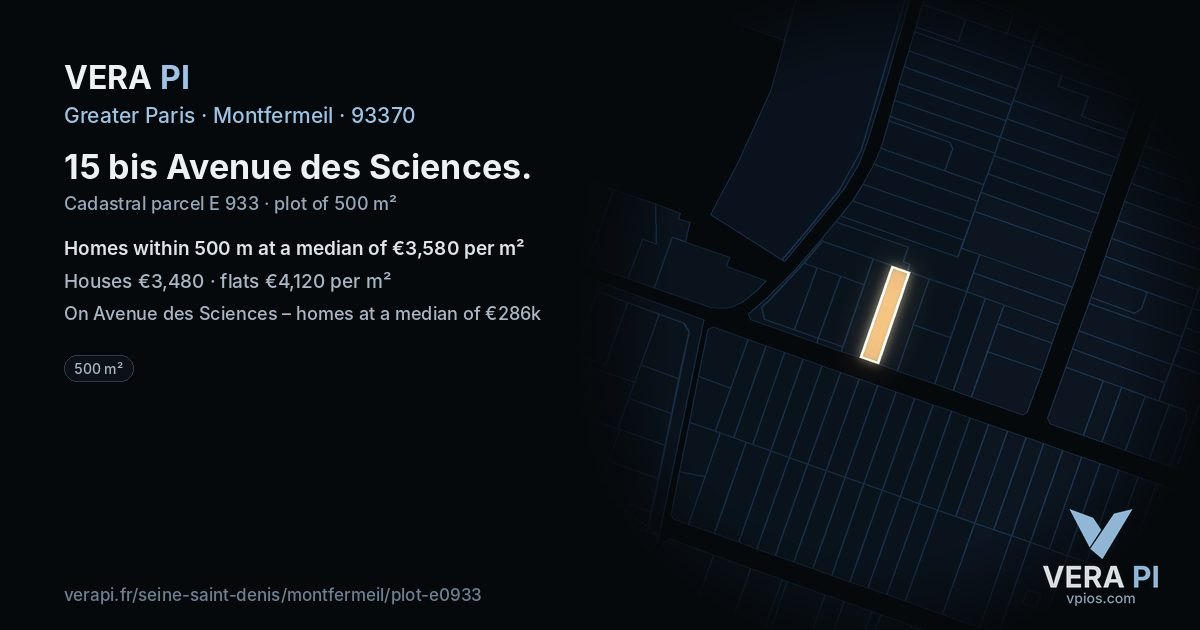 15 bis Avenue des Sciences, Montfermeil at night – the plot lit, the parcels around coloured by the prices near them