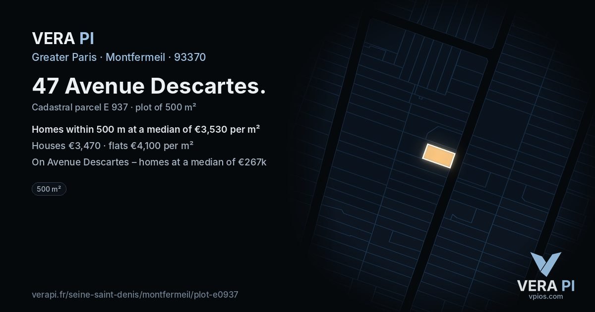 47 Avenue Descartes, Montfermeil at night – the plot lit, the parcels around coloured by the prices near them