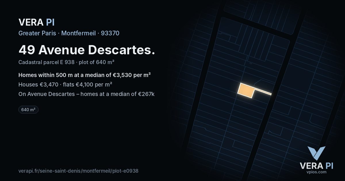 49 Avenue Descartes, Montfermeil at night – the plot lit, the parcels around coloured by the prices near them
