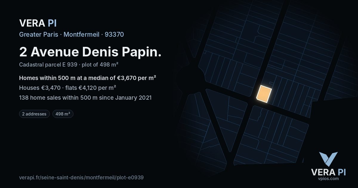 2 Avenue Denis Papin, Montfermeil at night – the plot lit, the parcels around coloured by the prices near them