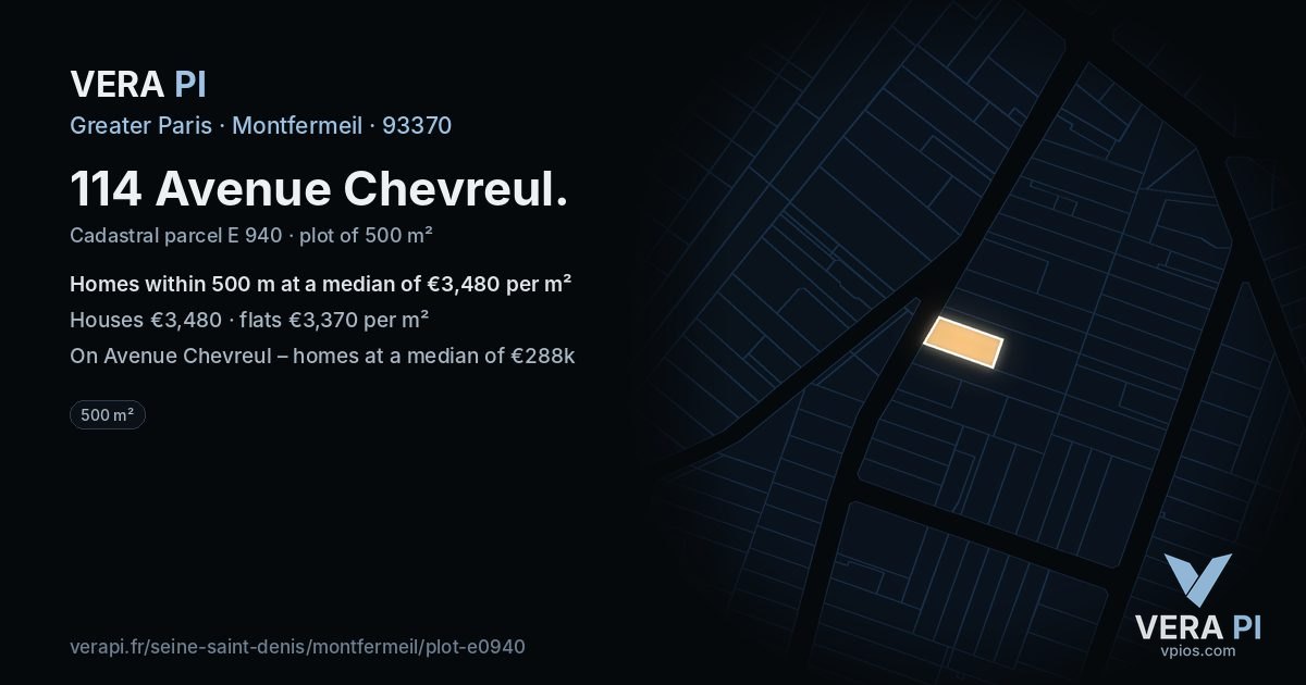 114 Avenue Chevreul, Montfermeil at night – the plot lit, the parcels around coloured by the prices near them