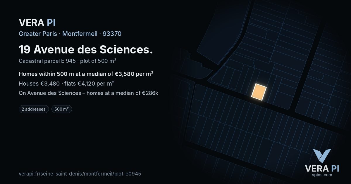 19 Avenue des Sciences, Montfermeil at night – the plot lit, the parcels around coloured by the prices near them