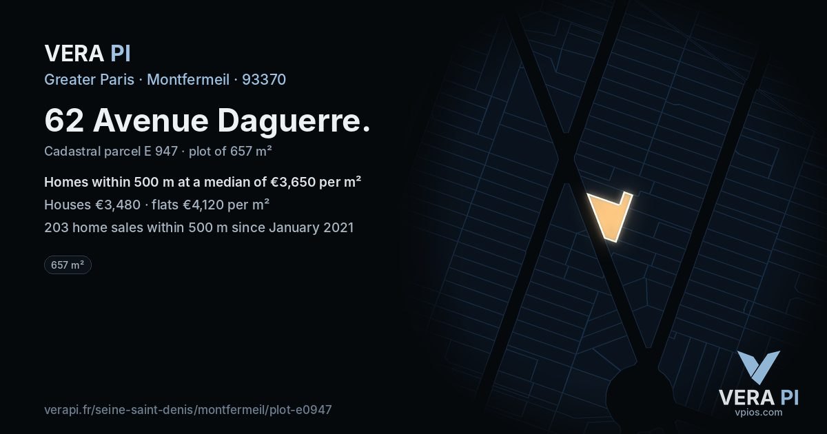 62 Avenue Daguerre, Montfermeil at night – the plot lit, the parcels around coloured by the prices near them
