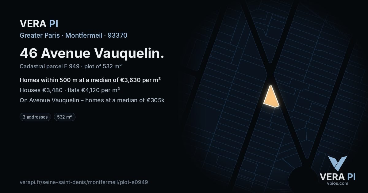 46 Avenue Vauquelin, Montfermeil at night – the plot lit, the parcels around coloured by the prices near them