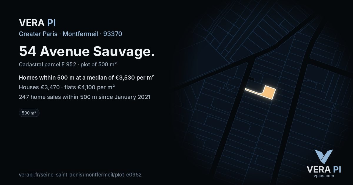 54 Avenue Sauvage, Montfermeil at night – the plot lit, the parcels around coloured by the prices near them