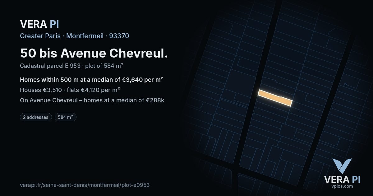 50 bis Avenue Chevreul, Montfermeil at night – the plot lit, the parcels around coloured by the prices near them