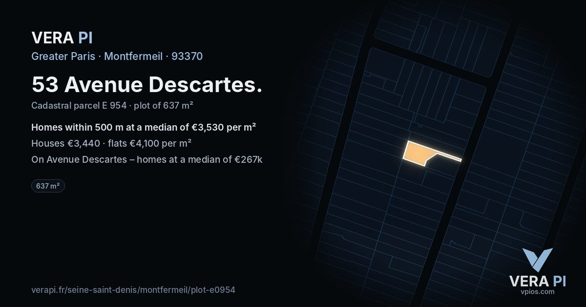 53 Avenue Descartes, Montfermeil at night – the plot lit, the parcels around coloured by the prices near them