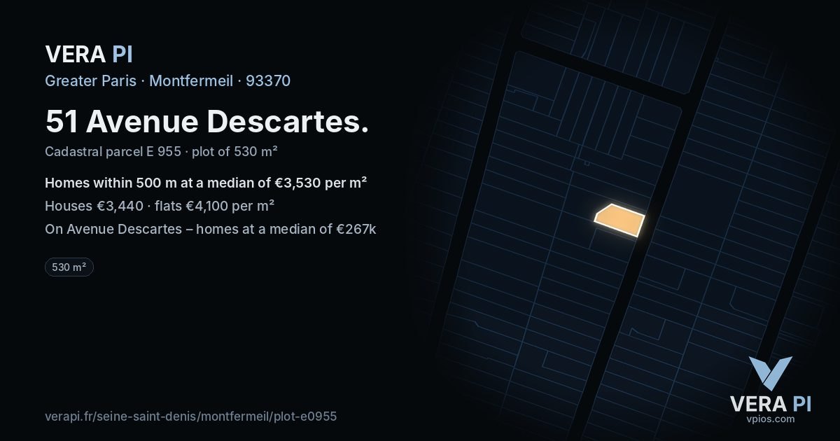 51 Avenue Descartes, Montfermeil at night – the plot lit, the parcels around coloured by the prices near them