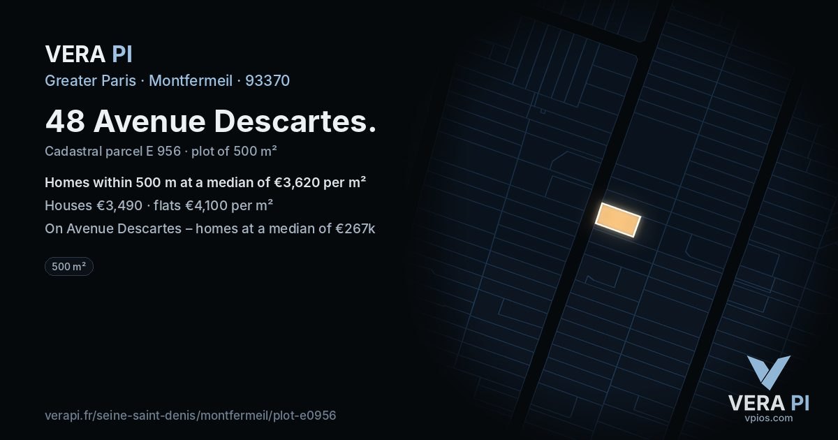 48 Avenue Descartes, Montfermeil at night – the plot lit, the parcels around coloured by the prices near them