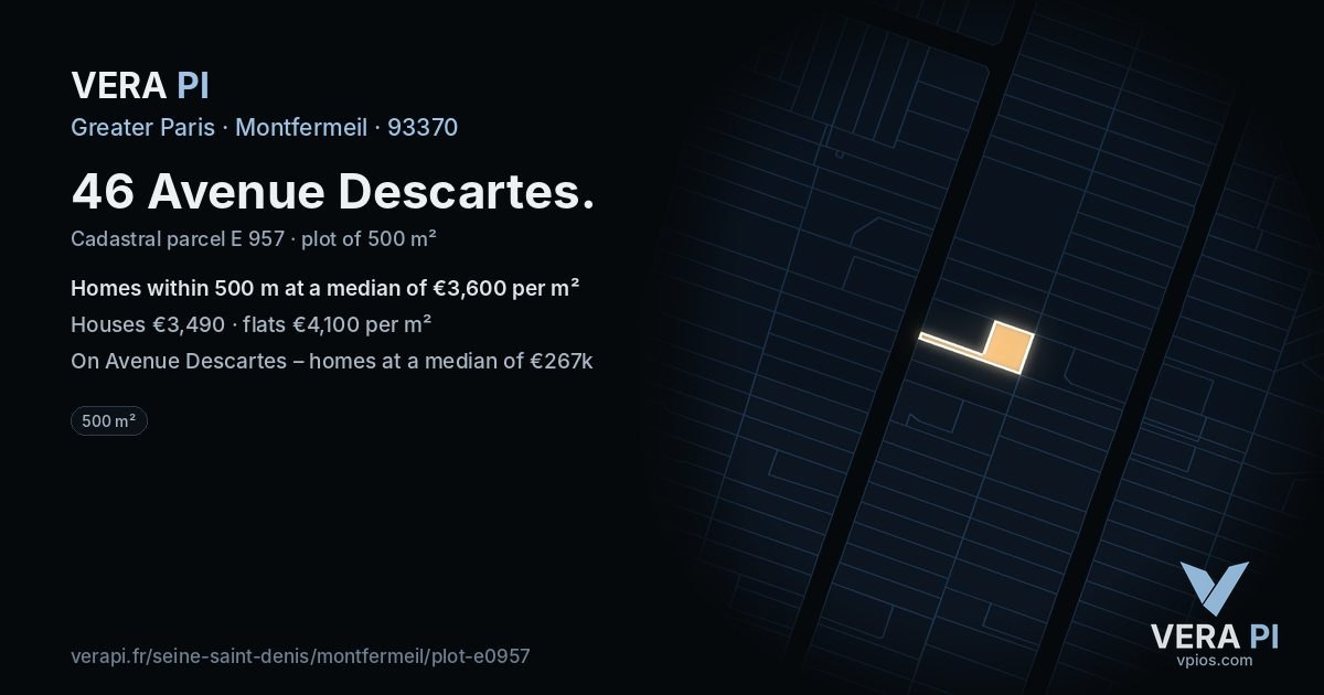 46 Avenue Descartes, Montfermeil at night – the plot lit, the parcels around coloured by the prices near them