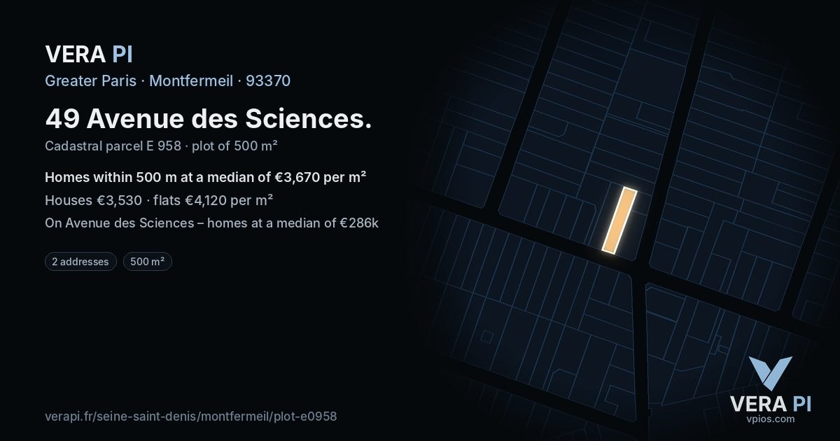49 Avenue des Sciences, Montfermeil at night – the plot lit, the parcels around coloured by the prices near them