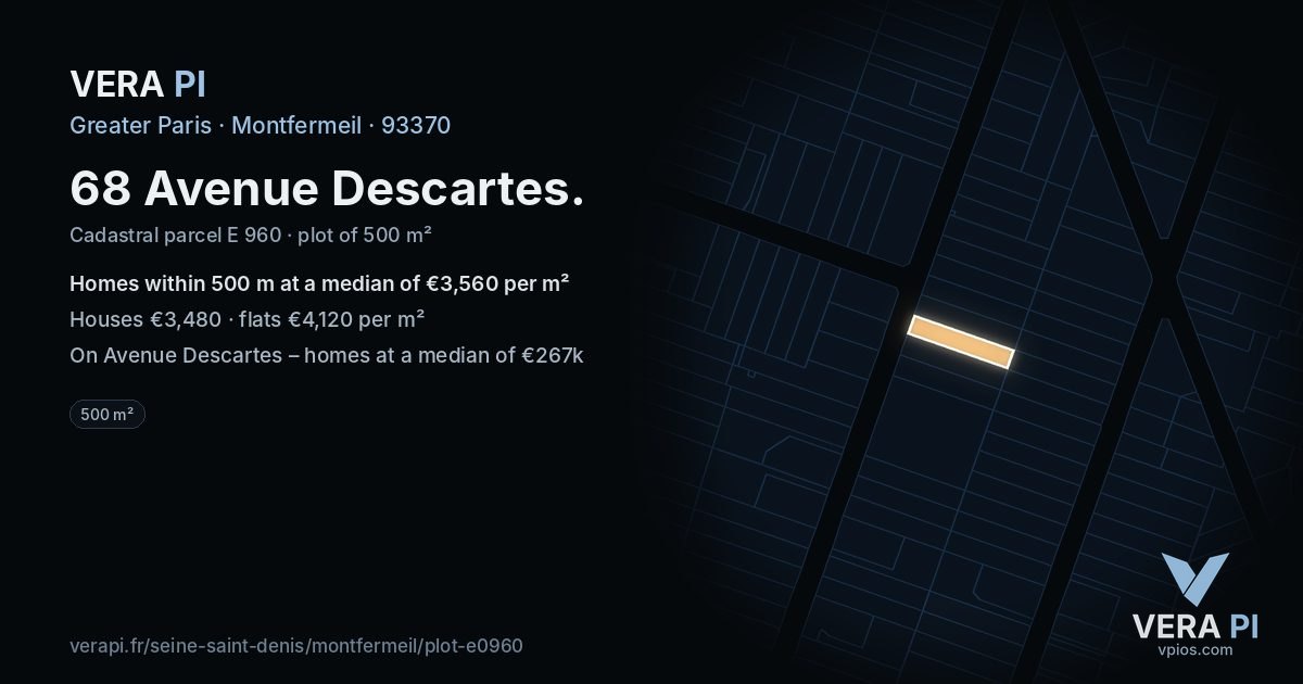 68 Avenue Descartes, Montfermeil at night – the plot lit, the parcels around coloured by the prices near them