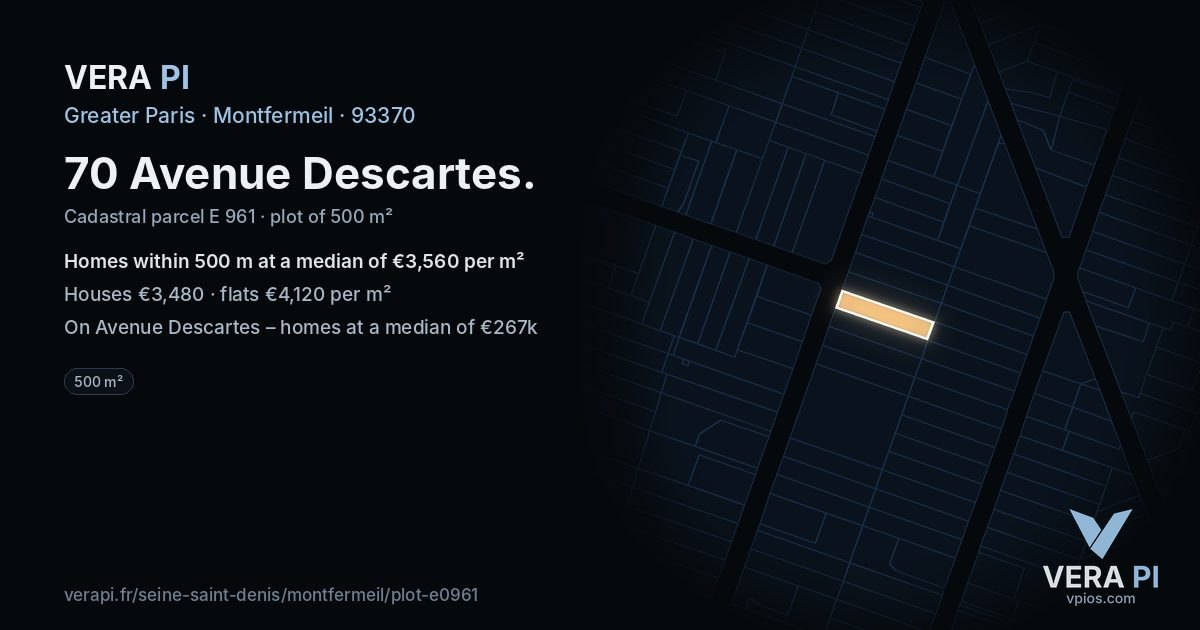 70 Avenue Descartes, Montfermeil at night – the plot lit, the parcels around coloured by the prices near them