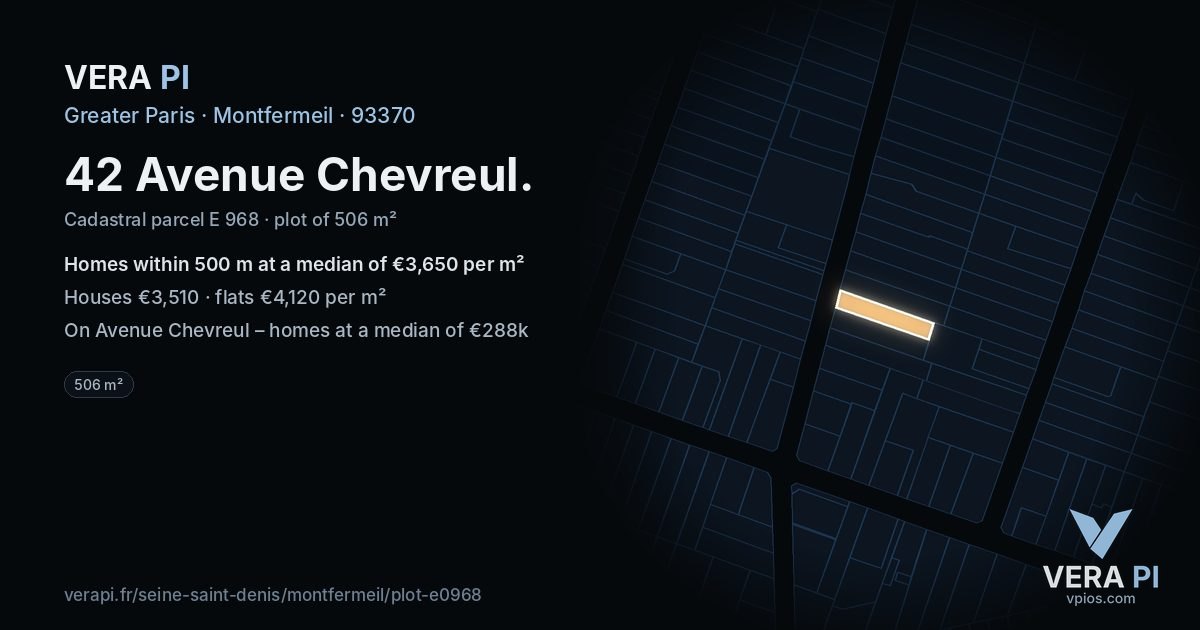 42 Avenue Chevreul, Montfermeil at night – the plot lit, the parcels around coloured by the prices near them