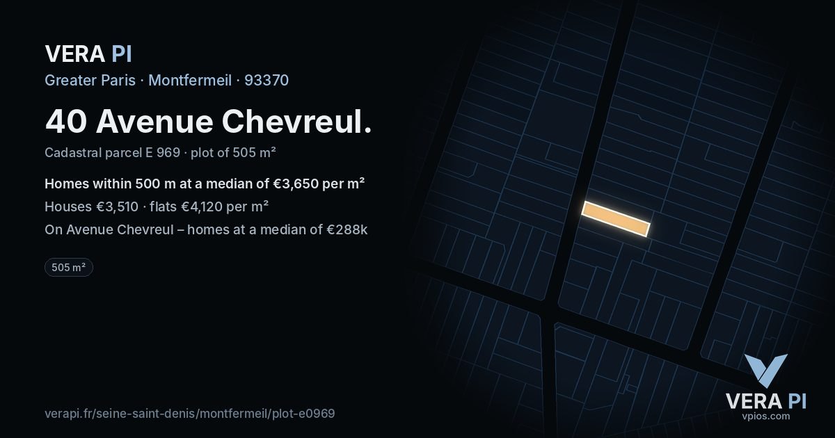 40 Avenue Chevreul, Montfermeil at night – the plot lit, the parcels around coloured by the prices near them