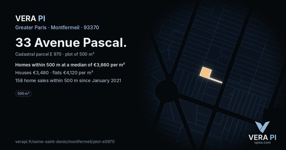33 Avenue Pascal, Montfermeil at night – the plot lit, the parcels around coloured by the prices near them