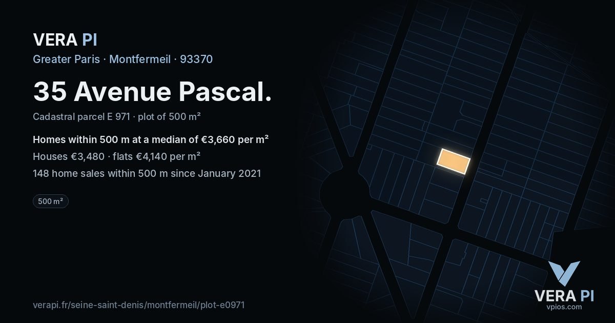 35 Avenue Pascal, Montfermeil at night – the plot lit, the parcels around coloured by the prices near them