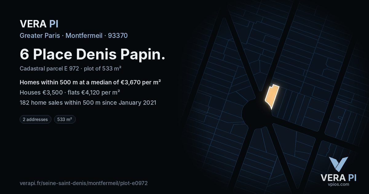 6 Place Denis Papin, Montfermeil at night – the plot lit, the parcels around coloured by the prices near them