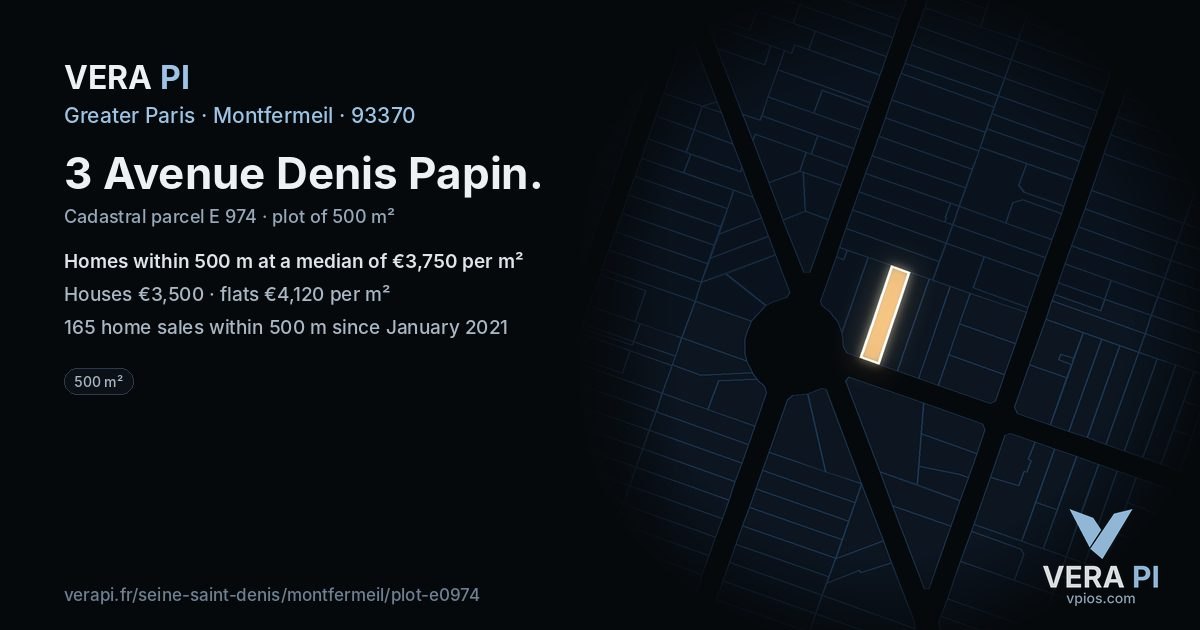 3 Avenue Denis Papin, Montfermeil at night – the plot lit, the parcels around coloured by the prices near them