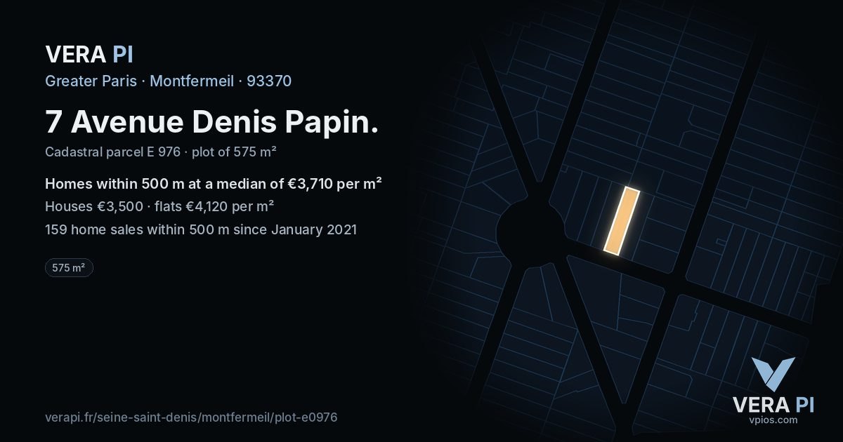 7 Avenue Denis Papin, Montfermeil at night – the plot lit, the parcels around coloured by the prices near them