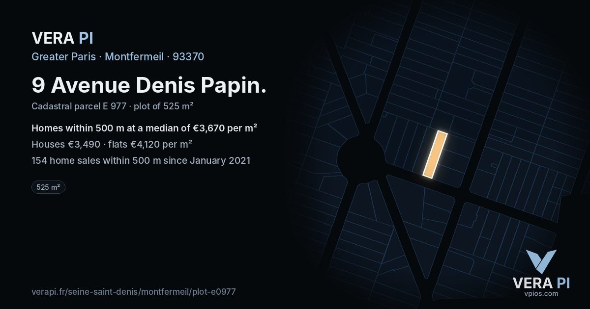 9 Avenue Denis Papin, Montfermeil at night – the plot lit, the parcels around coloured by the prices near them