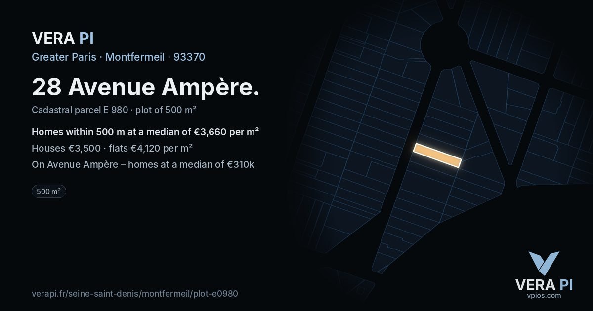 28 Avenue Ampère, Montfermeil at night – the plot lit, the parcels around coloured by the prices near them