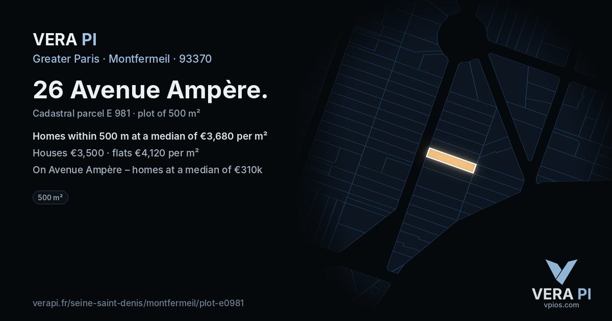 26 Avenue Ampère, Montfermeil at night – the plot lit, the parcels around coloured by the prices near them