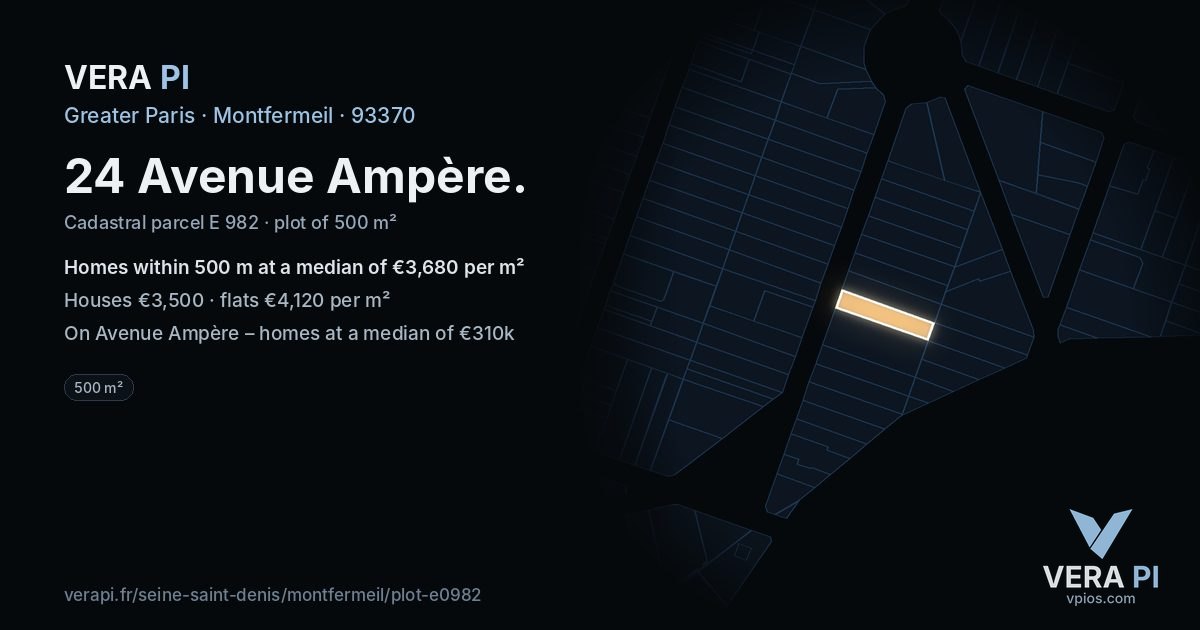24 Avenue Ampère, Montfermeil at night – the plot lit, the parcels around coloured by the prices near them