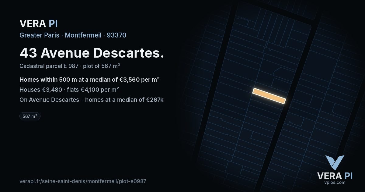 43 Avenue Descartes, Montfermeil at night – the plot lit, the parcels around coloured by the prices near them