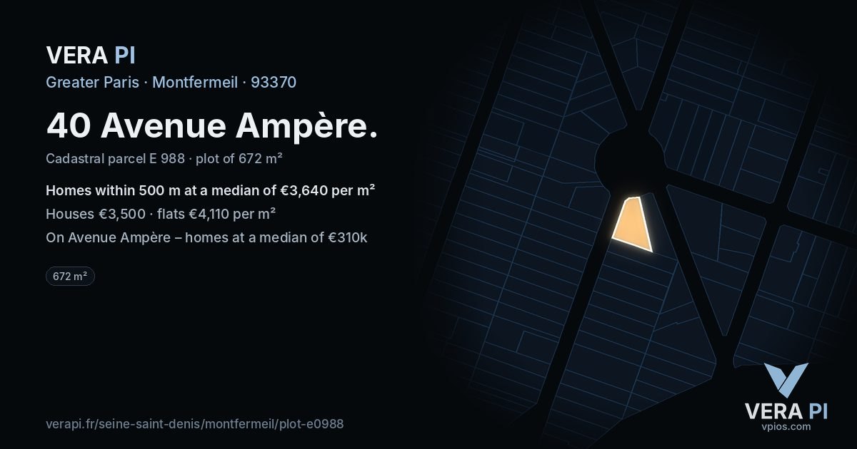 40 Avenue Ampère, Montfermeil at night – the plot lit, the parcels around coloured by the prices near them