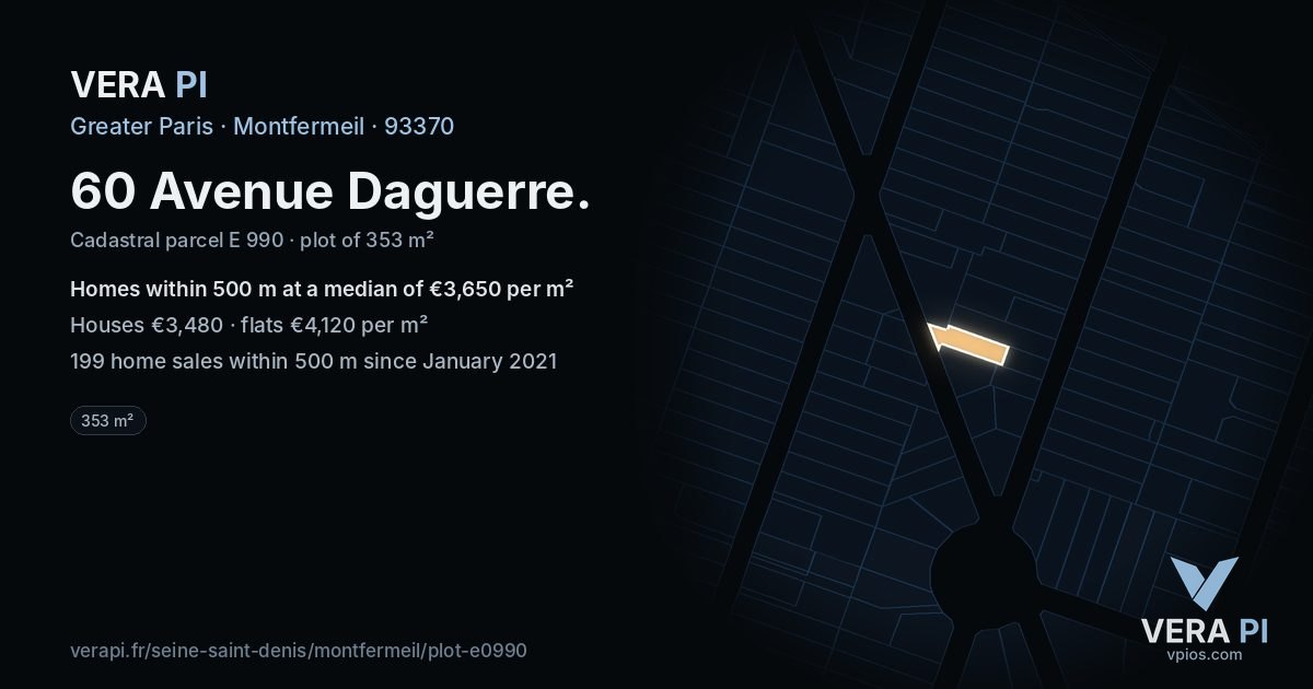60 Avenue Daguerre, Montfermeil at night – the plot lit, the parcels around coloured by the prices near them