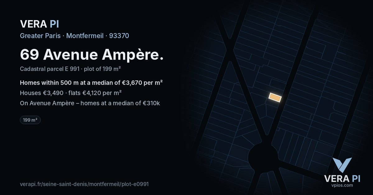 69 Avenue Ampère, Montfermeil at night – the plot lit, the parcels around coloured by the prices near them
